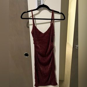 Burgundy sparkly ruched body con dress